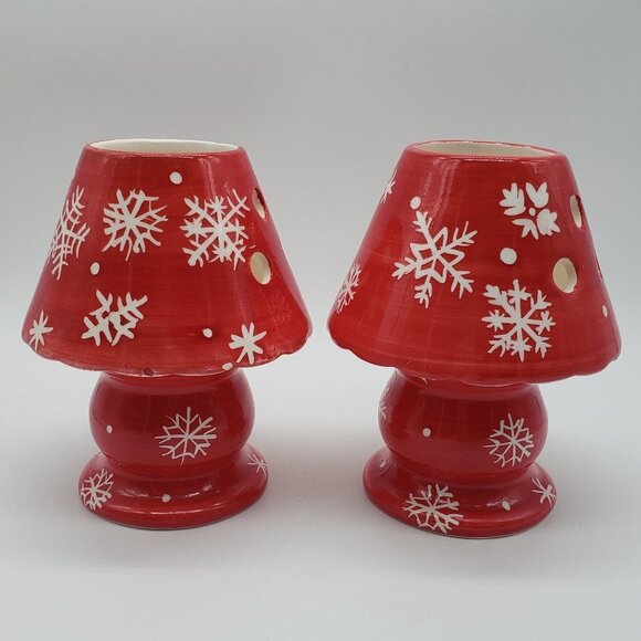 Loblaws Inc. 2004 Set of 2 Ceramic Red White Snowflake Tealight Candle Lamps - Picture 1 of 8